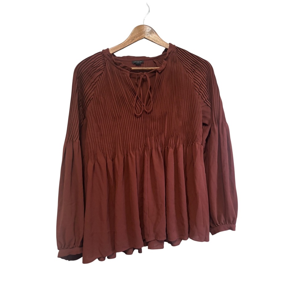 Ann Taylor Pleated Blouse Women Medium Brown Excellent Tie Neck Long Sleeve Top